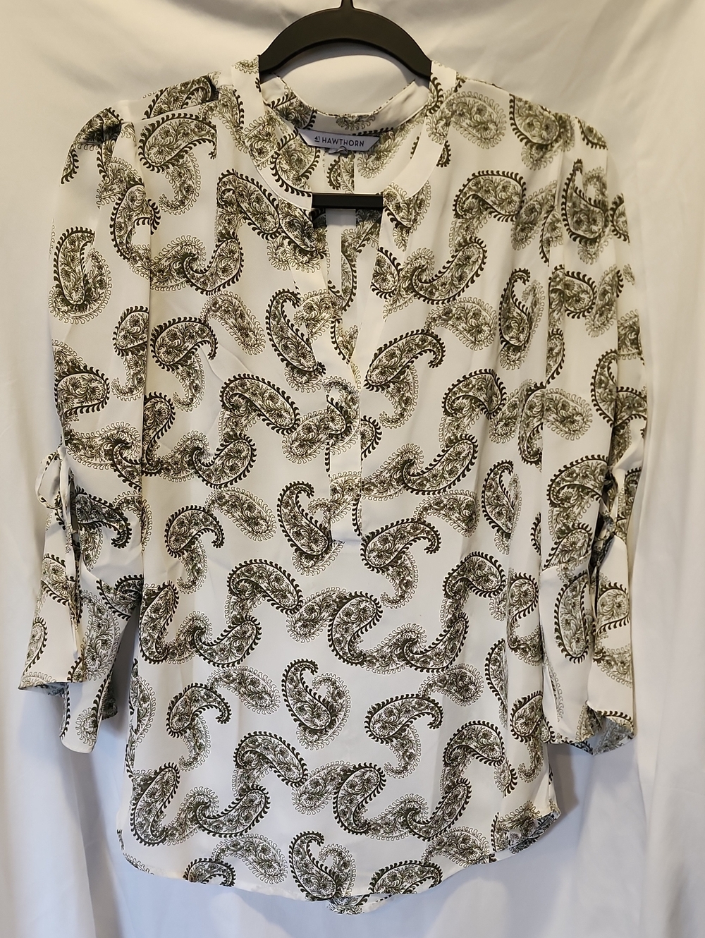 41 Hawthorn White Blouse with Olive Paisley Print